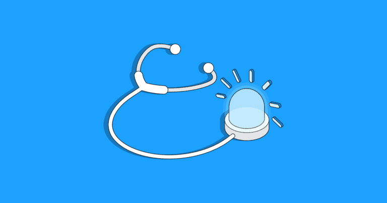 An illustration of a stethoscope with an emergency light at its end, on a blue background.