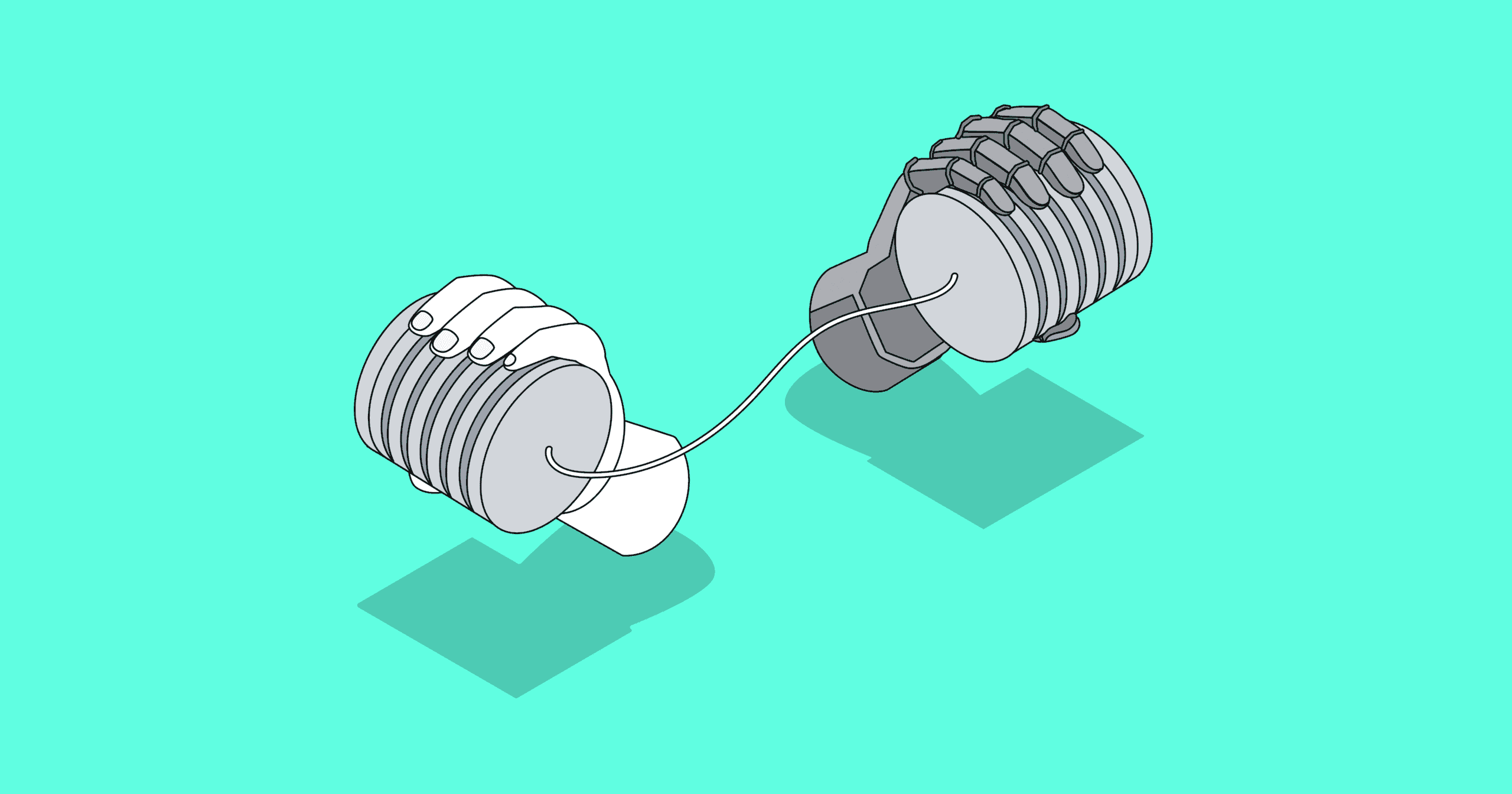 An illustration of two cups connected by a line, intended to look like old-school "phones" children made.