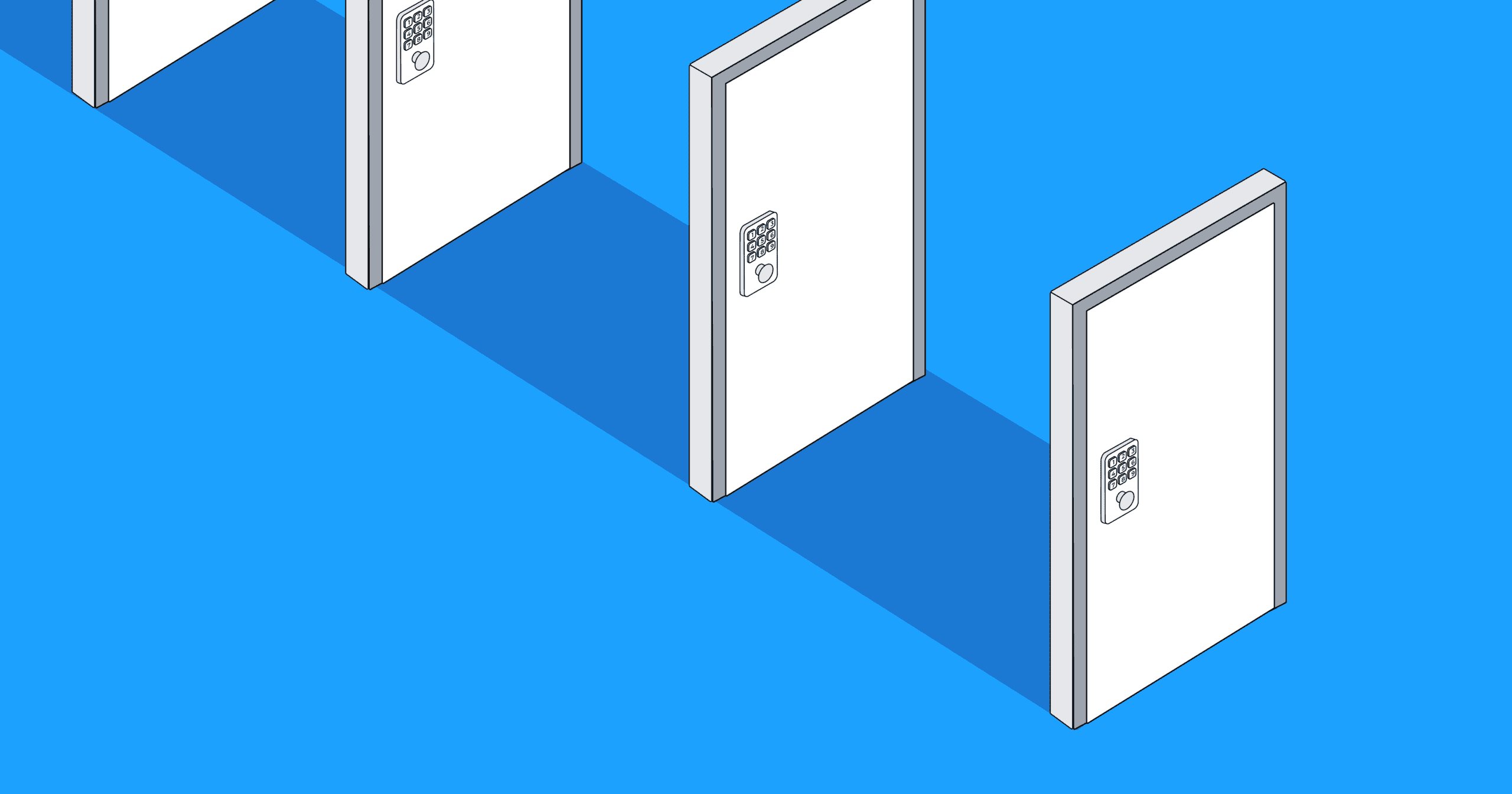 An illustration of four locked doors with keypads in a row, on a blue background.