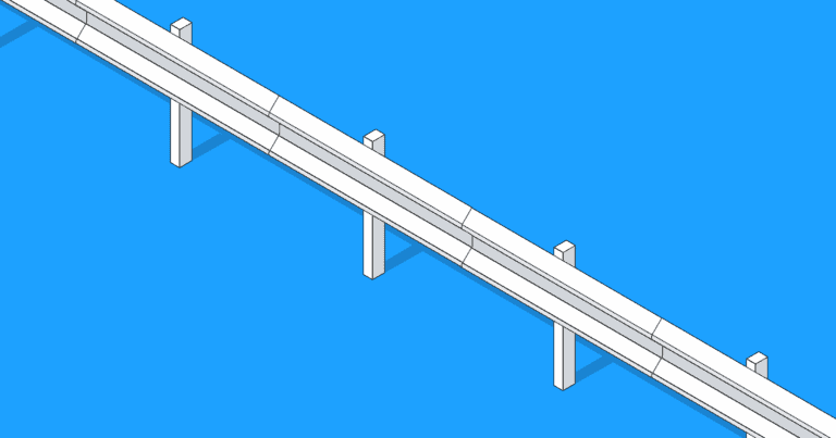 A roadside gate appears on a blue background.